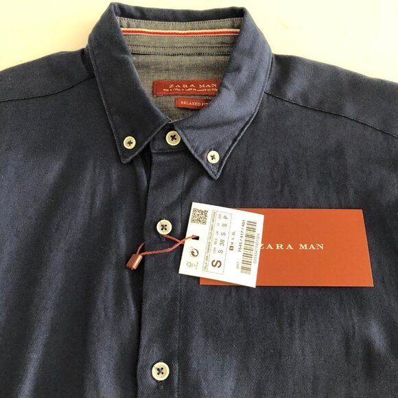 Zara Man Relaxed Fit Casual Lg Slv Button Down Cotton Oxford Shirt Navy Sz S NWT - Picture 9 of 13